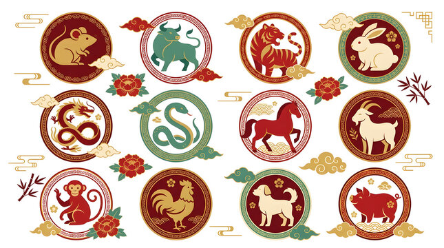 Set of Twelve Chinese Zodiac Animal Icons in Decorative Circular Frames with Traditional Oriental Style Elements