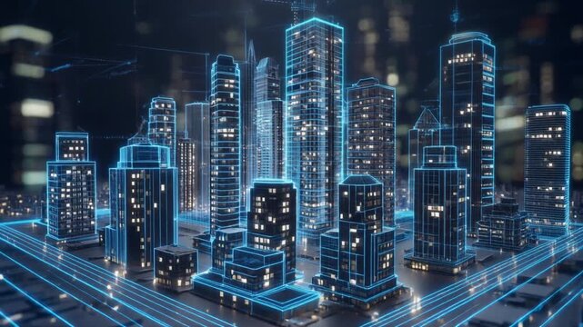 高層ビルが並ぶ小さなスマート都市に青い建設情報と透明な設計線が浮かぶ場面
