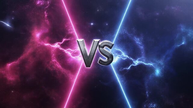 紫の宇宙光と青いエネルギーが中央のVSエンブレムへ集まる幻想的な場面
