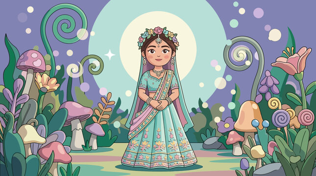 Ilustraci&oacute;n de estilo chibi de una joven india con ropa tradicional lehenga choli, rodeada de un jard&iacute;n fant&aacute;stico con flores coloridas y setas en un entorno m&aacute;gico y encantador.