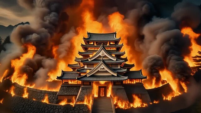 夜の日本城が激しい炎と黒煙に包まれ火の粉が舞う歴史的災害の場面