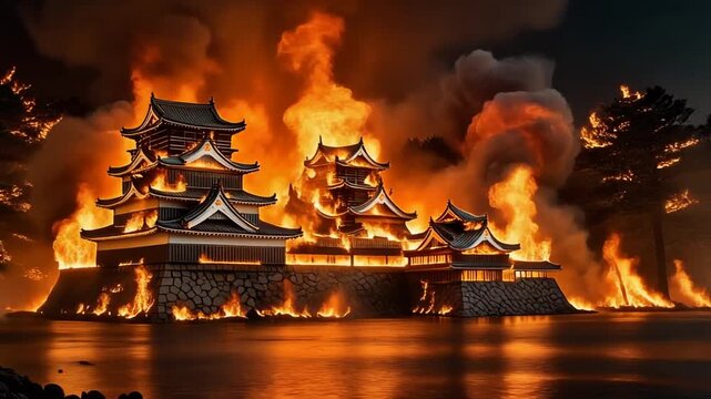 夜の日本城が巨大な炎に飲み込まれ黒煙と熱で建物が燃える災害場面
