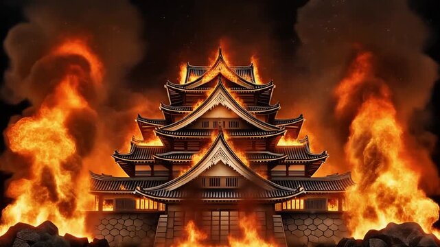 暗い空の下で日本城が大きな炎に包まれ煙と火の粉が立ち上がる場面