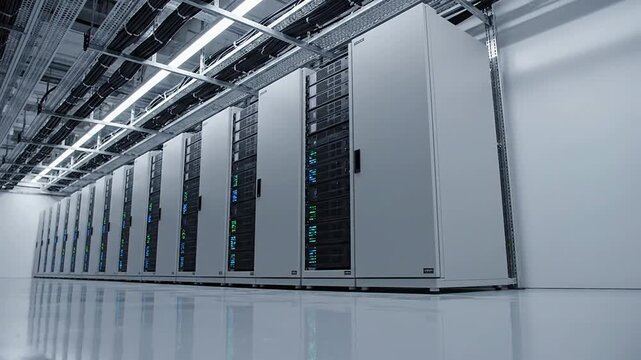 Low-Angle Shot Of A Modern Backup Power Room Featuring Rows Of Heavy-Duty Unbranded UPS Systems In An Industrial Technology Environment