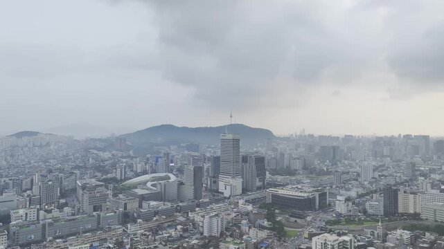 Aerial Drone View of Jongno Cityscape near Dongmyo Station and DDP Dongdaemun Design Plaza in Seoul, South Korea