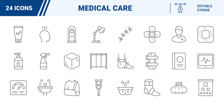 Minor injury clinic line icon set. Vector pictograms of outpatient care, emergency first aid, clinical treatment, and medical facility elements, thin linear illustration.