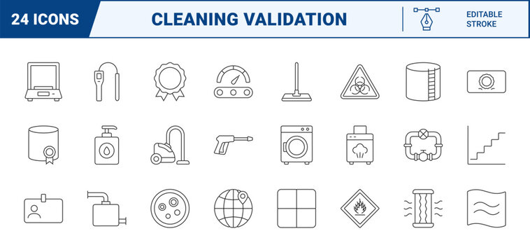 Cleaning validation line icon set. Vector pictograms of quality control, hygiene audit, laboratory testing, and equipment maintenance elements, thin linear illustration.