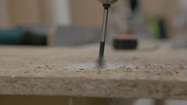 Close-up of worker drilling a hole in an oriented strand board (OSB) panel with a cordless drill during home construction