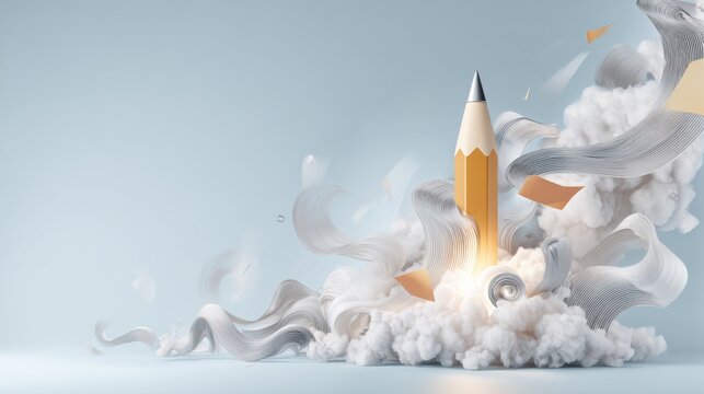 Yellow pencil rocket launching from clouds with swirling paper ribbons and smoke for creative design, education poster and background