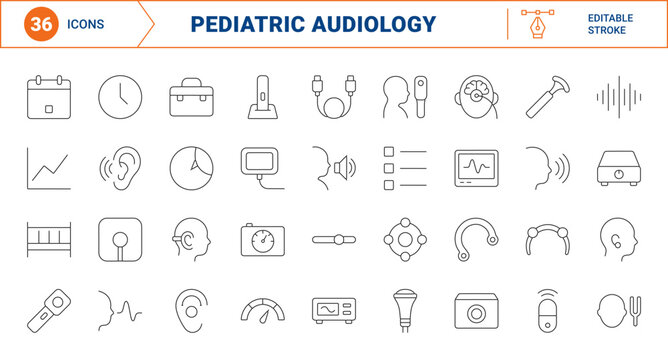 Pediatric hearing screening line icon set. Vector pictograms of audiology, newborn testing, clinical ear examination, and infant diagnostic elements, thin linear illustration.