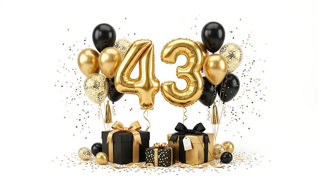 43rd birthday celebration with gold balloons and gifts