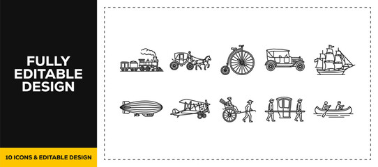 flat vector illustration line art icon bundle set design illustrating vintage transportation horse carriages classic bicycles and zeppelin airships graphics for web UI © HASNA