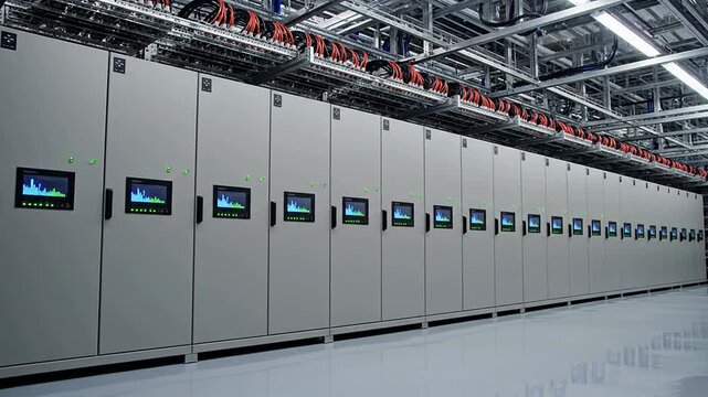 Static View Of A Large Floor-Standing Unbranded Backup Power Room With UPS Systems Displaying Operational Metrics