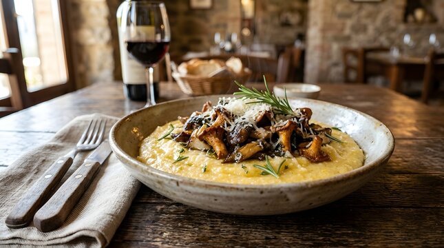 Creamy mushroom risotto with herbs and grated parmesan cheese served in a ceramic bowl at a rustic italian restaurant table, mushrooms