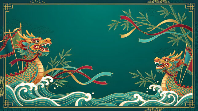 Racing dragon boats on stylized ocean waves with traditional oriental frame background