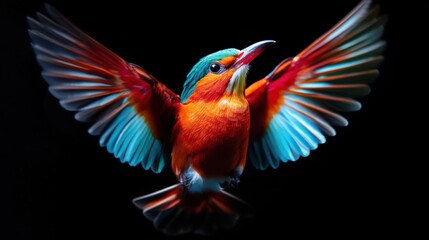 Fototapeta premium A brilliantly colored kingfisher soaring through the air showcasing its exquisite feather details set against a dark backdrop