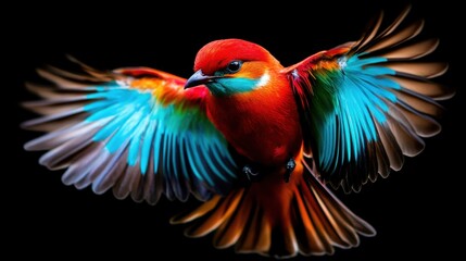 Obraz premium A bright and colorful bird soaring through the air displaying its beautiful feathers against a dark backdrop