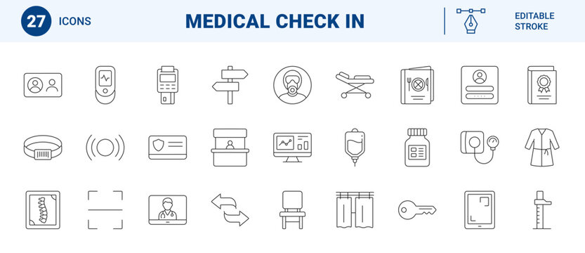 Day surgery check in line icon set. Vector pictograms of medical registration, patient intake, clinic admission, and outpatient healthcare elements, thin linear illustration.