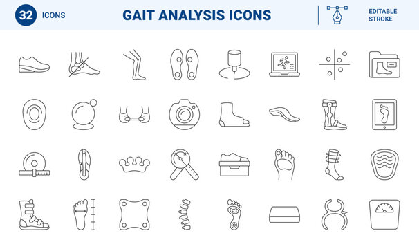 Orthotic assessment line icon set. Vector pictograms of podiatry, gait analysis, insole fabrication, and lower limb biomechanics elements, thin linear illustration.