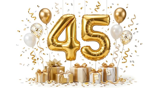 Golden 45th anniversary celebration with balloons and gift boxes