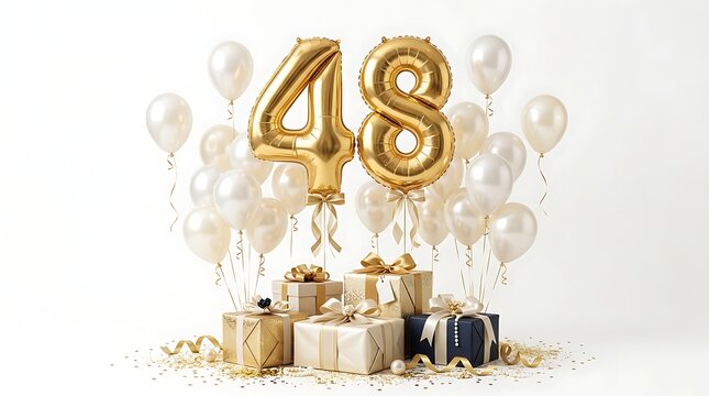 48th birthday celebration with gold balloons and gift boxes