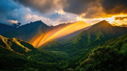 Naklejka premium Breathtaking sunset illuminating a vibrant mountain scenery with striking lighting and colorful rainbow effects