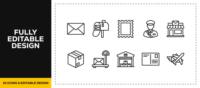 flat vector illustration line art icon bundle set design representing postal services mail delivery post office logistics and envelope packaging graphics for UI UX apps