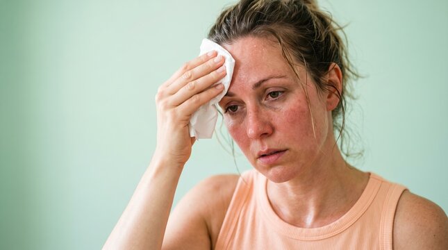 Exhausted woman wiping sweat from her forehead with a tissue. Female suffering from heat stroke or fever against a green background