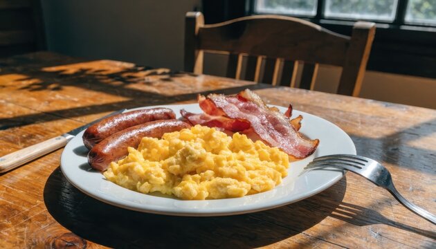 Scrambled eggs with bacon on a plate