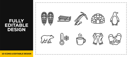 flat vector illustration line art icon bundle set design highlighting winter sports equipment snowshoes cold weather clothing and arctic exploration graphics for web UI © HASNA
