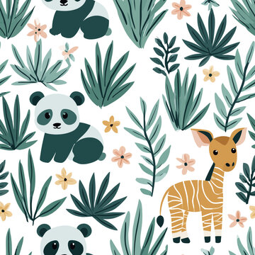 Seamless jungle animal pattern with panda and okapi