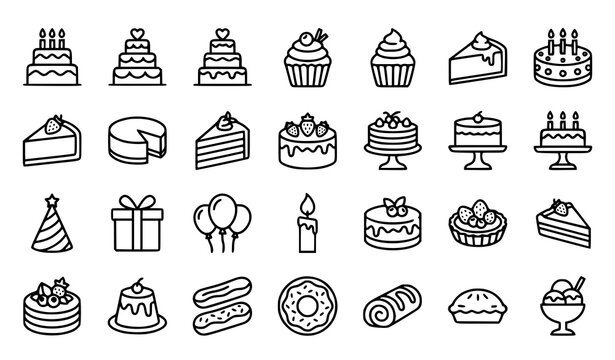 Birthday Cake and Celebration Dessert Icon Collection with Hand Drawn Bakery Vector Illustration Set