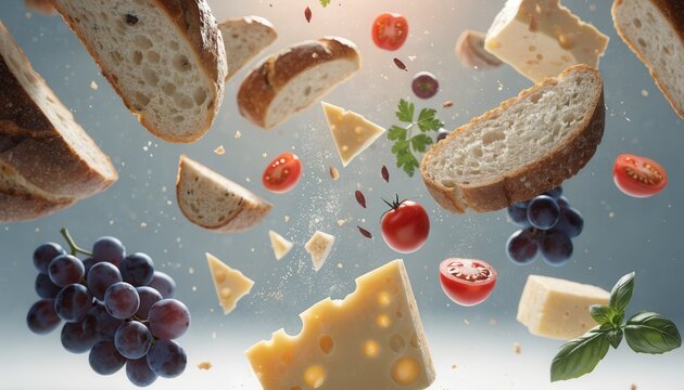 Slices of pizza and food flying in the air with grapes