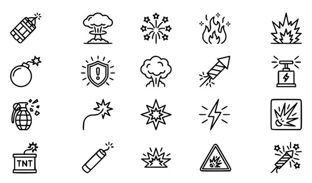 Explosive Hazard Warning Icons Collection with Bomb Fire Blast Detonation Safety Symbol Line Vector Set