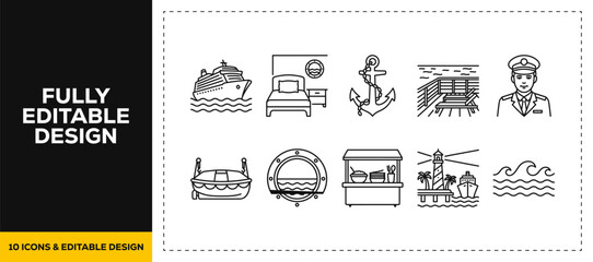 flat vector illustration line art icon bundle set design showcasing nautical themes ship steering wheels anchors comfortable cruise beds and maritime graphics for UI © HASNA