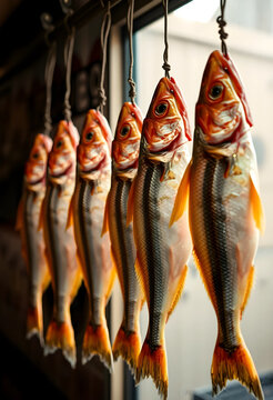 Five smoked fish hanging indoors in a smokehouse