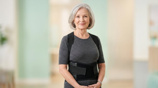 Smiling senior woman wearing a black lumbar support belt in a clinic. Elderly female patient using an orthopedic back brace for posture correction. Healthcare treatment and physical therapy concept