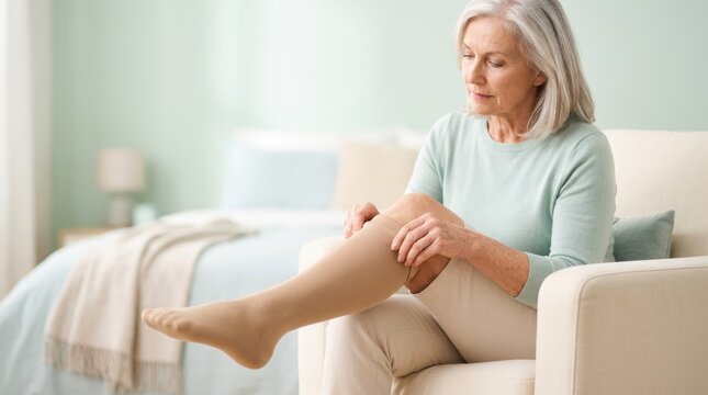 Senior woman putting on compression socks at home. Elderly female adjusting support hosiery for leg circulation and health