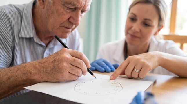 Close up of elderly man taking clock drawing cognitive test. Female doctor guiding senior patient during dementia assessment. Alzheimer diagnostic and mental health care concept