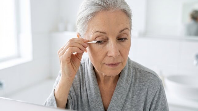 Senior woman applying eyelash care treatment with a cotton swab. Elderly female cleaning her eyelid in a bright bathroom. Senior health and personal hygiene concept