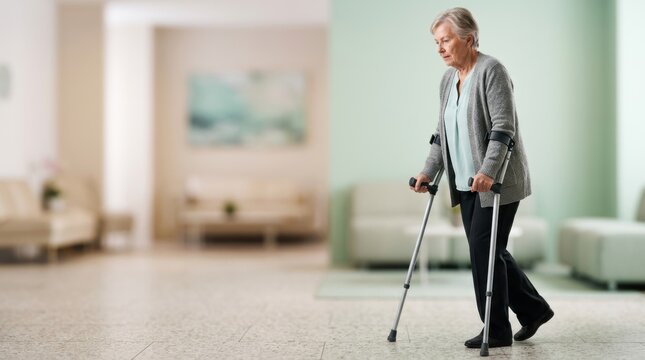 Senior woman walking with forearm crutches in clinic. Elderly patient recovering mobility during physical therapy. Rehabilitation and healthcare concept