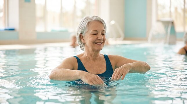 Smiling senior woman doing hydrotherapy exercises in indoor pool. Active elderly female participating in water aerobics for rehabilitation and fitness