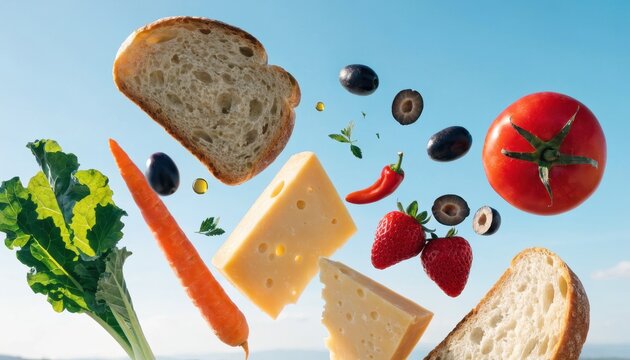 Fresh food ingredients flying in the air