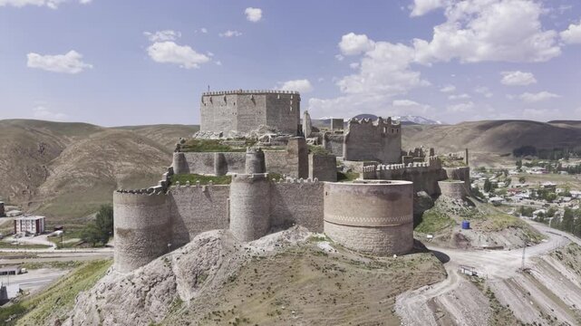 Cinematic Drone Footage of Hoshap Castle, Historic Fortress in Van Turkey Mountain Landscape