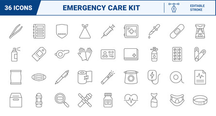 Obraz premium First aid station line icon set. Vector pictograms of emergency care, medical supplies, patient triage, and rescue equipment elements, thin linear illustration.