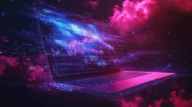 Laptop computer glows with vibrant neon pink and blue clouds of digital smoke emanating from the screen to symbolize creative innovation and advanced technological power.