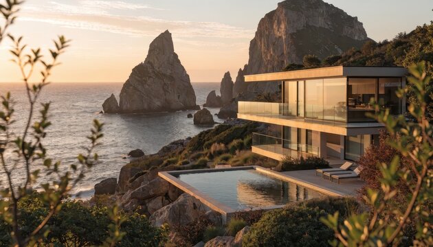 Modern house with pool on rocky cliff by the sea