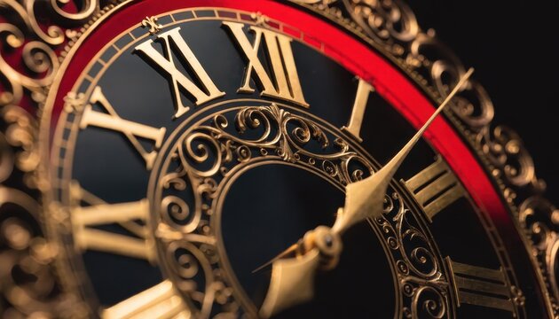 Close-up of ornate clock face with roman numerals
