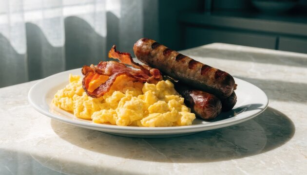 Scrambled eggs with grilled shrimp on plate