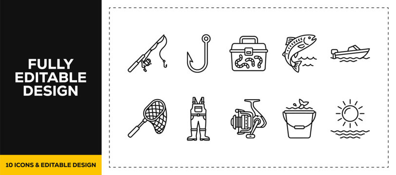 flat vector illustration line art icon bundle set design highlighting fishing equipment angling rods hooks caught fish and outdoor aquatic recreation graphics for apps